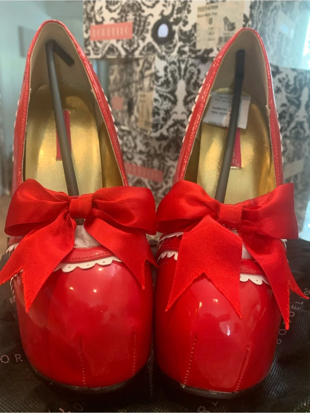 Pleaser Red Patent Platform Pumps with White Scallop Trim and Bow